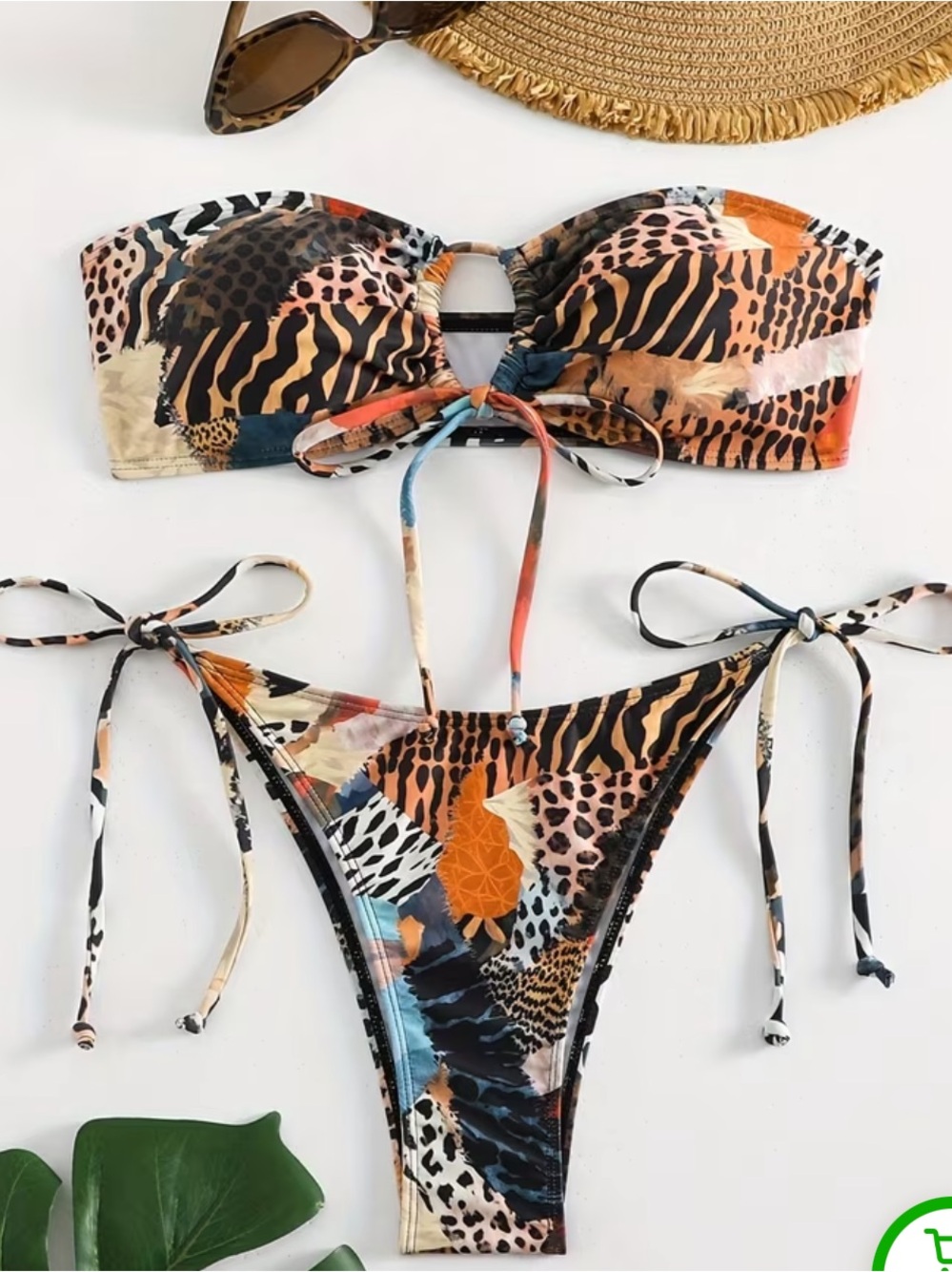 Tropical Animal Print Tie-Side Bikini - Coffee Brown Mix